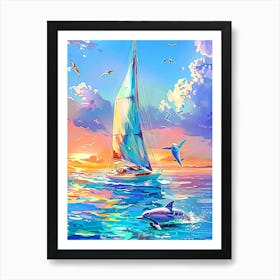 Sailboat And Dolphins Art Print