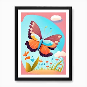 Butterfly Flying In Sky Scandi Cartoon 1 Art Print
