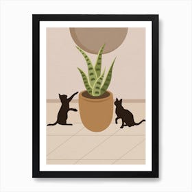 Vintage Minimal Art Two Cats Playing With A Plant Art Print