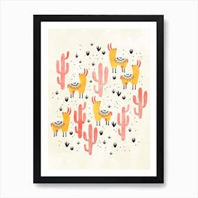 Yellow Llamas Red Cacti Art Print