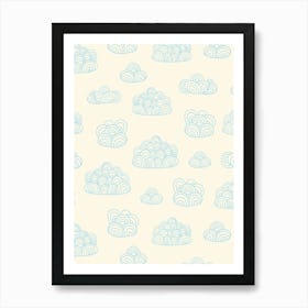 Fluffy Abstract Doodle Line Art Clouds Blue on White Art Print