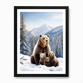 Capturing The Serene Portrait Of A Mother Bear Cradling Her Cubs Amidst A Snowy Alpine Forest Evoki Art Print