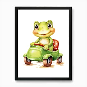 Baby Frog On Toy Car, Watercolour Nursery 2 Art Print