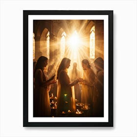 Candlelight Vigil During Spiritual Celebration Rays Of Soft Golden Light Breaking Through Stained G (6) Art Print