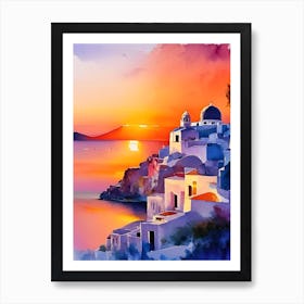 Santorini Greece Water Colour Sunset 3 Art Print