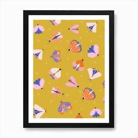 Scattered Colorful Moths and Little Triangles Multicolor on Ochre Yellow Art Print