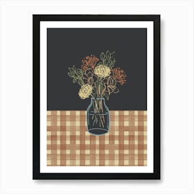 Flower bouquet gingham hand-drawn linework in moody earthy sepia brown Art Print