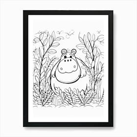 Line Art Jungle Animal Hippopotamus 2 Art Print