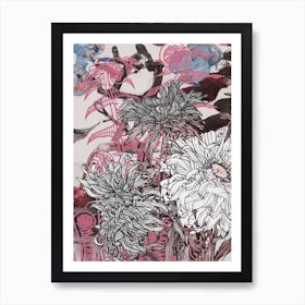 Abstract Botanical Fiddleheads and Dahlias, Rose, Indigo and Graphite, Collage No.1262-10 Art Print