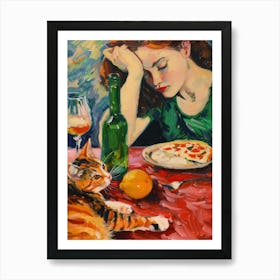 Portrait Of A Woman With Cats Eating Pizza 2 Art Print