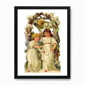 Two Angels Announcing Christmas With Bells Art Print