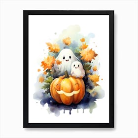 Cute Ghost With Pumpkins Halloween Watercolour 74 Art Print