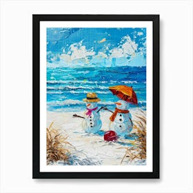 Snowmen On The Beach Painting 1 Art Print