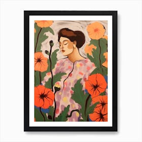 Woman With Autumnal Flowers Hollyhock 2 Art Print