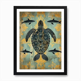Sea Turtle & Shark Wallpaper Pattern 1 Art Print