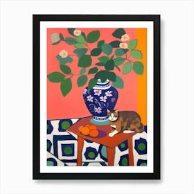 A Painting Of A Still Life Of A Dahlia With A Cat In The Style Of Matisse 3 Art Print