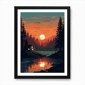 Cabin In The Woods At Sunset Art Print