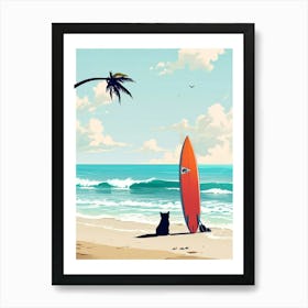 Surfboard And Cat On The Beach Art Print