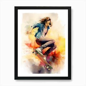 Girl Skateboarding In Austin, United States Watercolour 2 Art Print