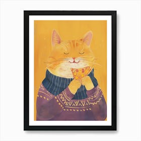 Orange Cat Pizza Lover Folk Illustration 4 Art Print