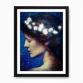 Night (Noc) 1912 by Edward Robert Hughes - British Painter Romanticism Pre-Raphaelitism Aestheticism Beautiful Goddess Fairy Angel Midnight Stars Celestial Oil Painting Remastered HD Art Print
