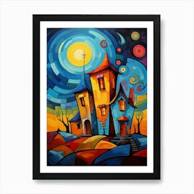 Fairytale House at Night 4, Abstract Vibrant Colorful Cubism Style Art Print