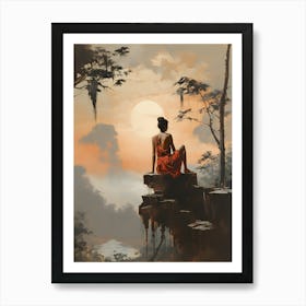 Woman Sitting On A Rock Art Print