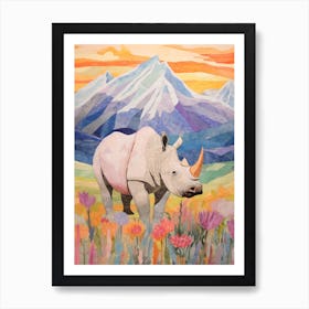 Patchwork Floral Rhino With Mountain In The Background 6 Art Print