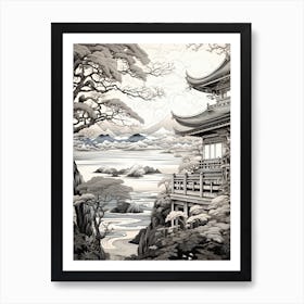 Amanohashidate In Kyoto, Ukiyo E Black And White Line Art Drawing 1 Art Print