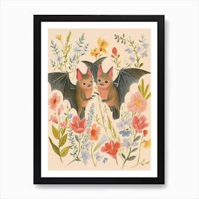 Folksy Floral Animal Drawing Bat Art Print