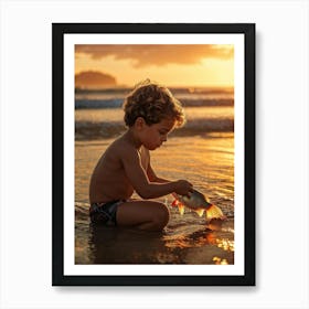 Little Boy Playing With Fish At Sunset Art Print