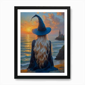 Blonde Haired Witch by the Water's Edge - West Coast Sunset HD Art Print by John Arwen -blonde, hair, witchy, witchcraft, pagan, summer, halloween, fine art, oil paint, gallery, feature wall, wicca, erotic, tasteful, nude, spells, zodiac, astrology, sea, witch, beautiful High Resolution Art Print