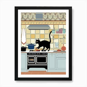 Black Cat In The Kitchen Art Print