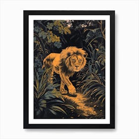 African Lion Relief Illustration Night Hunt 3 Art Print