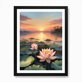 Lotus Flower At Sunset Art Print