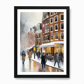 Amsterdam cafes, winter season, Christmas, autumn oil colors, pale colors, pedestrians in the street, winter clothes, falling snow.1 2 Póster