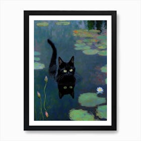 Monet  Style Water Lilies With Black Cat Art Print