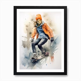 Girl Skateboarding In Helsinki, Finland Watercolour 1 Art Print