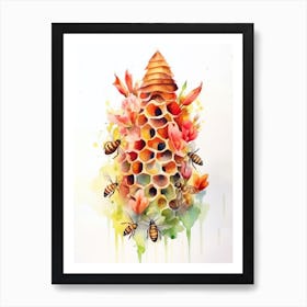 Beehive With Gladioli Watercolour Illustration 3 Art Print