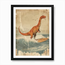 Vintage Diplodocus Dinosaur On A Surf Board 2 Art Print