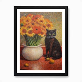 Chrysanthemums With A Cat 3 Pointillism Style Art Print