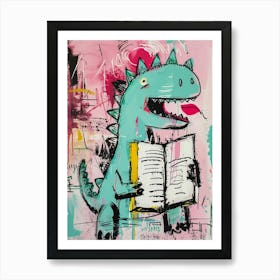 Dinosaur Reading A Book Pink Blue Graffiti Brushstroke 3 Poster