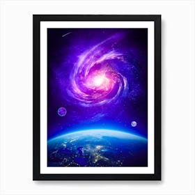Purple Galxy With Moon And Earth In Space Art Print