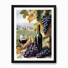 Vines,Black Grapes And Wine Bottles Painting (16) Art Print