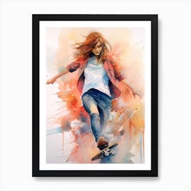 Girl Skateboarding In Miami, United States Watercolour 2 Art Print