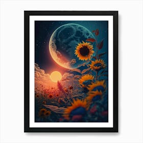 Sunflowers And Moon Art Print