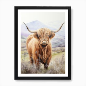 Foggy Highland Watercolour Cow 2 Art Print
