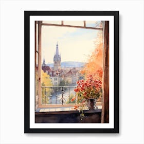 Window View Of Bern Switzerland In Autumn Fall, Watercolour 2 Art Print