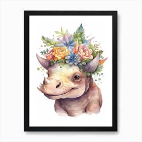 Triceratops With A Crown Of Flowers Cute Dinosaur Watercolour 3 Art Print