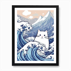 Hokusai Great Wave White Cat Kawaii Cartoon Mount Fuji Art Print